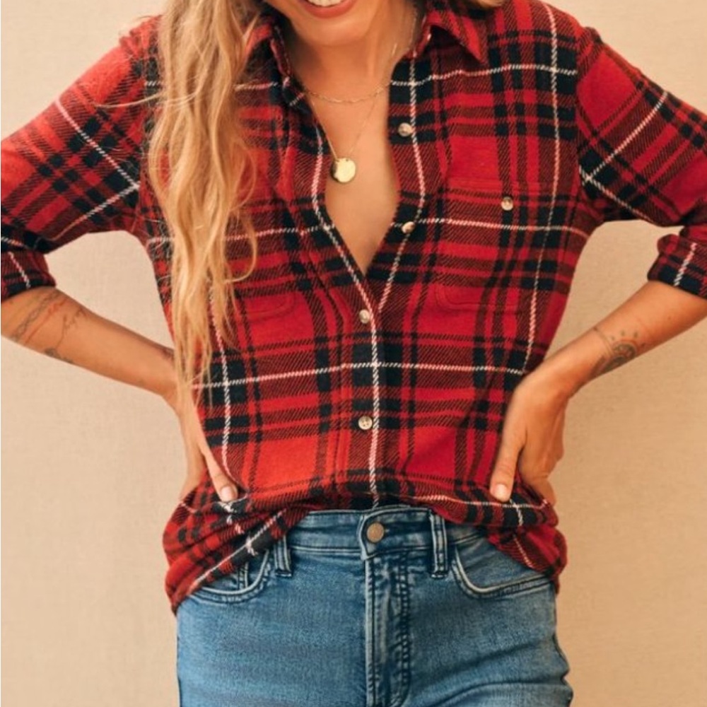 Faherty brand Red and Black Plaid Sweater Shirt